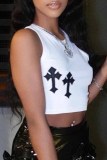 White Sexy Print Patchwork O Neck Tops