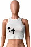 White Sexy Print Patchwork O Neck Tops