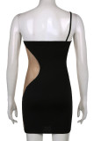 Black Casual Solid See-through Mesh Oblique Collar One Step Skirt Dresses