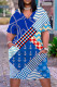 Blue Casual Print Basic V Neck Short Sleeve Dress
