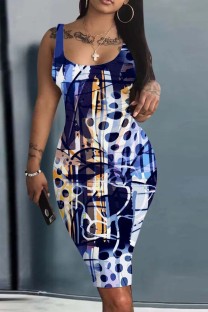 Dark Blue Casual Print Basic U Neck Vest Dress Dresses