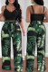 Green Elegant Print Solid Patchwork Pocket Frenulum Fold Spaghetti Strap Sleeveless Two Pieces