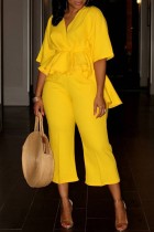 Yellow Casual Solid Patchwork V Neck Half Sleeve Two Pieces