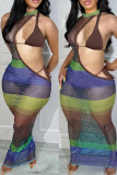 Brown Sexy Print Hollowed Out See-through Backless Asymmetrical Swimsuit Three Piece Set