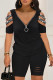 Black Casual Patchwork Hot Drilling Hollowed Out Zipper V Neck Short Sleeve Two Pieces