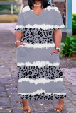 Black White Casual Print Basic V Neck Short Sleeve Dress Dresses