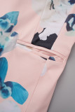 Pink Casual Print Cardigan Turndown Collar Long Sleeve Two Pieces