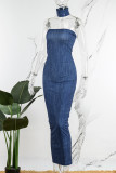 Blue Sexy Solid Cross Straps Off the Shoulder One Step Skirt Dresses