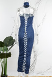 Blue Sexy Solid Cross Straps Off the Shoulder One Step Skirt Dresses