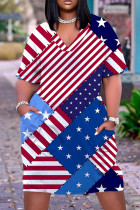 Red Blue Casual Flag Stars Print V Neck Short Sleeve African Loose Straight Midi Dress