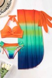 Pink Sexy Gradual Change Print Frenulum Backless Swimsuit Three Piece Set (With Paddings)