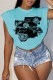 Light Blue Street Print Letter O Neck Tops
