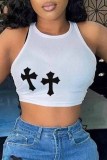 White Sexy Print Patchwork O Neck Tops