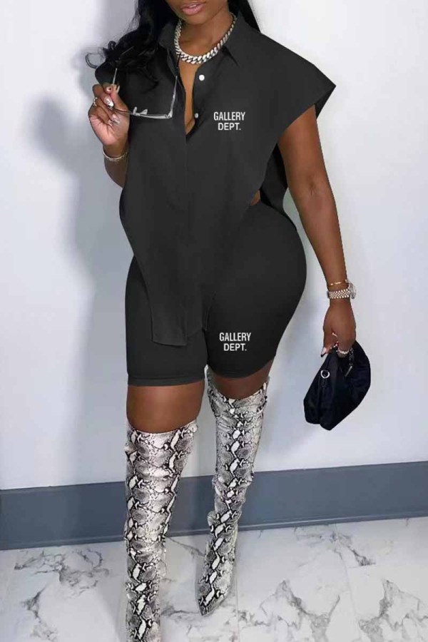 Black Casual Print Letter Turndown Collar Sleeveless Two Pieces