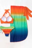 Pink Sexy Gradual Change Print Frenulum Backless Swimsuit Three Piece Set (With Paddings)