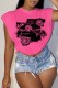 Rose Red Street Print Letter O Neck Tops