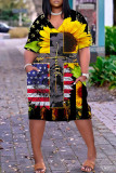 Grey Casual Flag Stars Print V Neck Short Sleeve African Loose Straight Midi Dress