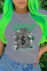 Grey Casual Vintage Print Patchwork O Neck T-Shirts