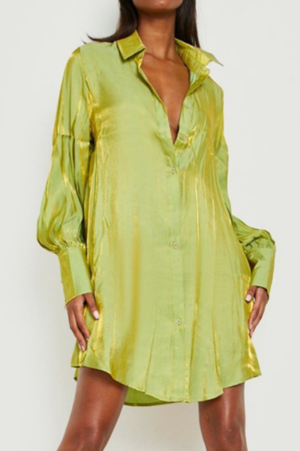 Green Yellow Casual Solid Patchwork Turndown Collar Shirt Dress Dresses