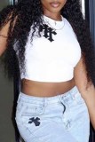 White Sexy Print Patchwork O Neck Tops