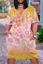 Pink Orange Casual Flag Stars Print V Neck Short Sleeve African Loose Straight Midi Dress