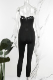 Black Sexy Solid Backless Strapless Skinny Jumpsuits