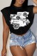 Black Street Print Letter O Neck Tops