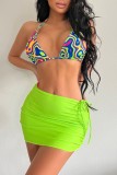 Green Sexy Print Bandage Backless Swimsuit Three Piece Set (With Paddings)