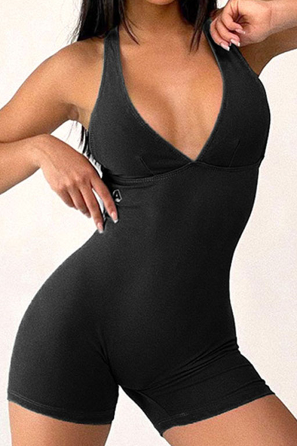Black Sportswear Letter Patchwork Backless Fold V Neck Skinny Rompers