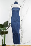 Blue Sexy Solid Cross Straps Off the Shoulder One Step Skirt Dresses