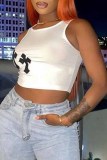White Sexy Print Patchwork O Neck Tops