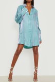 Blue Casual Solid Patchwork Turndown Collar Shirt Dress Dresses