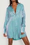 Blue Casual Solid Patchwork Turndown Collar Shirt Dress Dresses