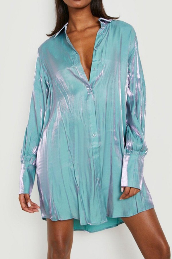 Blue Casual Solid Patchwork Turndown Collar Shirt Dress Dresses