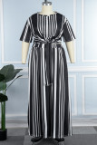 Black Casual Striped Print Bandage O Neck Short Sleeve Dress Plus Size Two Pieces