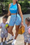 Sky Blue Street Print Patchwork Letter O Neck Sleeveless Two Pieces