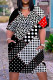 Black White Casual Print Basic V Neck Short Sleeve Dress