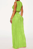 Red Sexy Solid Patchwork Slit Fold O Neck Sleeveless Two Pieces