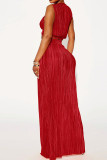 Red Sexy Solid Patchwork Slit Fold O Neck Sleeveless Two Pieces