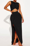 Red Sexy Solid Patchwork Slit Fold O Neck Sleeveless Two Pieces