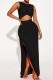 Black Sexy Solid Patchwork Slit Fold O Neck Sleeveless Two Pieces