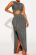 Grey Sexy Solid Patchwork Slit Fold O Neck Sleeveless Two Pieces