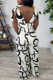 Cream White Casual Daily Simplicity Mixed Printing Frenulum Printing V Neck Regular Jumpsuits