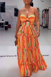 Orange Sexy Striped Print Hollowed Out Patchwork Strapless Sleeveless Two Pieces