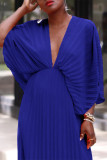 Deep Blue Elegant Solid Patchwork Fold V Neck Pleated Dresses