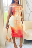 Blue Sexy Street Vacation Print Printing Off the Shoulder Printed Dress Dresses