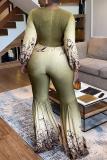 Green Casual Daily Gradual Change Floral Patchwork Printing V Neck Regular Jumpsuits