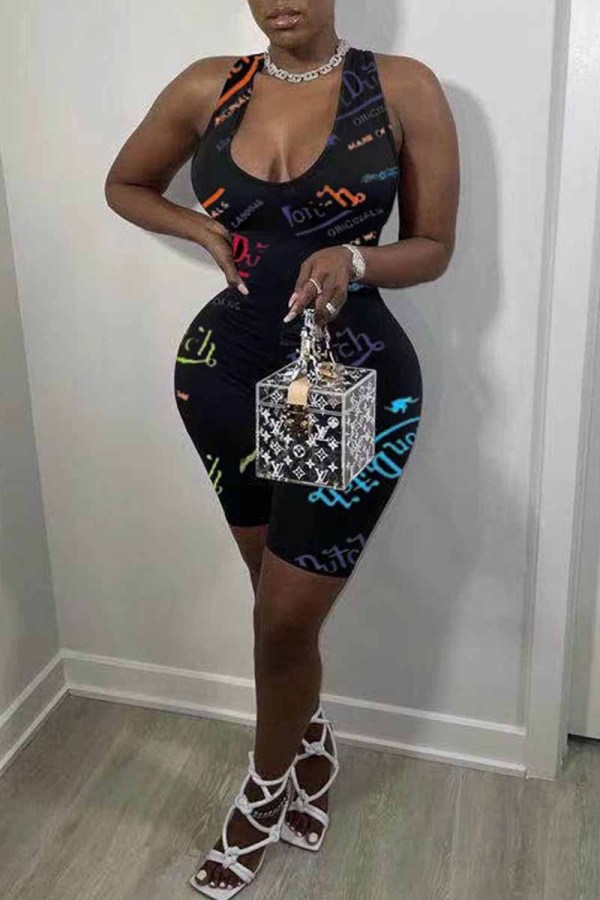 Black Casual Print Backless Letter U Neck Rompers