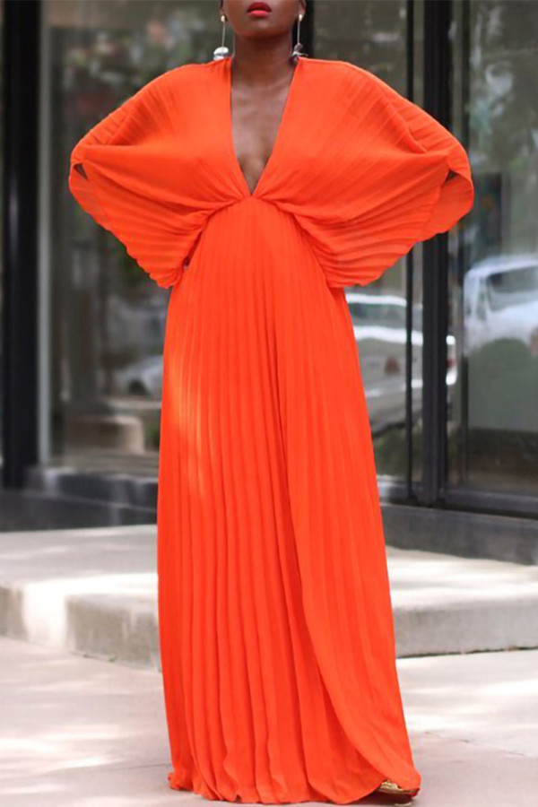 Tangerine Red Elegant Solid Patchwork Fold V Neck Pleated Dresses