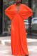Tangerine Red Elegant Solid Patchwork Fold V Neck Pleated Dresses
